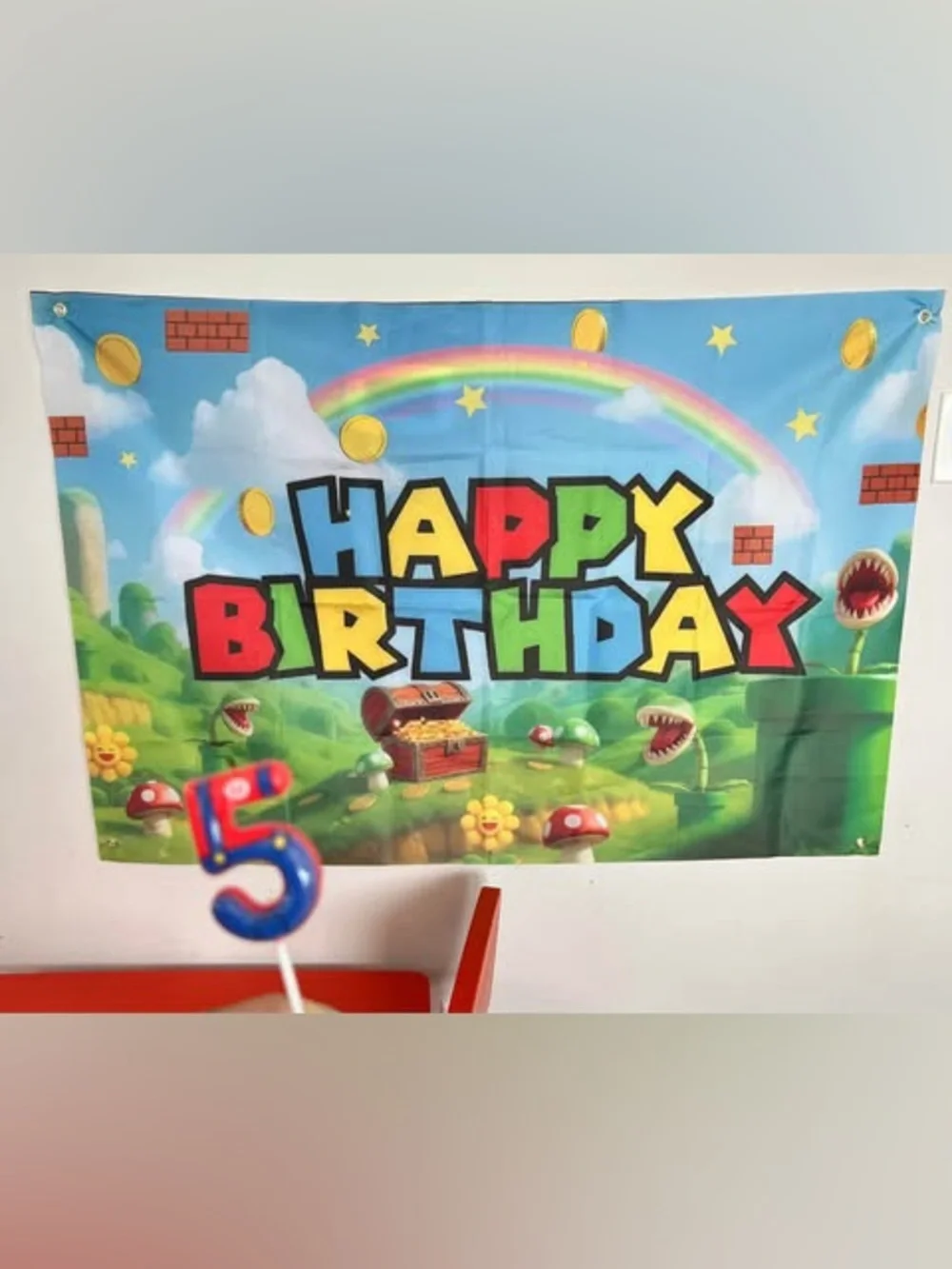 Mario themed banner and #5 candle